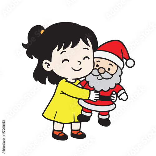 A cute vector illustration of a little girl hugging a Santa Claus doll, drawn in a soft and charming style, expressing warmth, innocence, and a joyful festive mood.