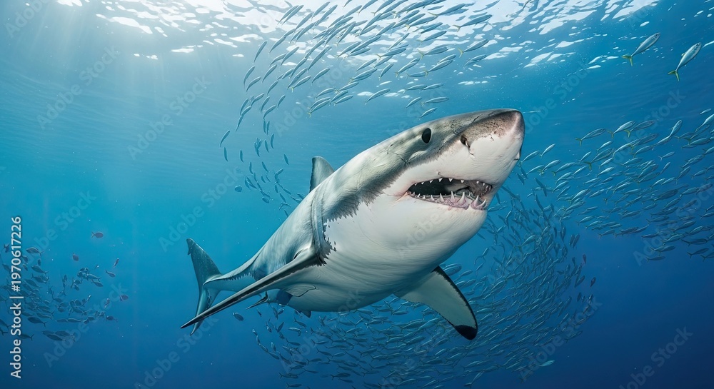 Obraz premium Great white shark emerges from school of fish in deep blue ocean waters majestic predator