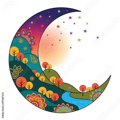 Crescent Moon with Colorful Design Elements.