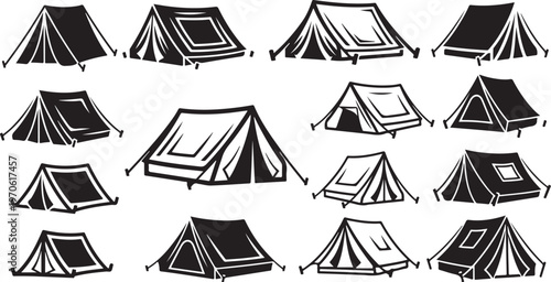 Collection of various tent illustrations in black and white