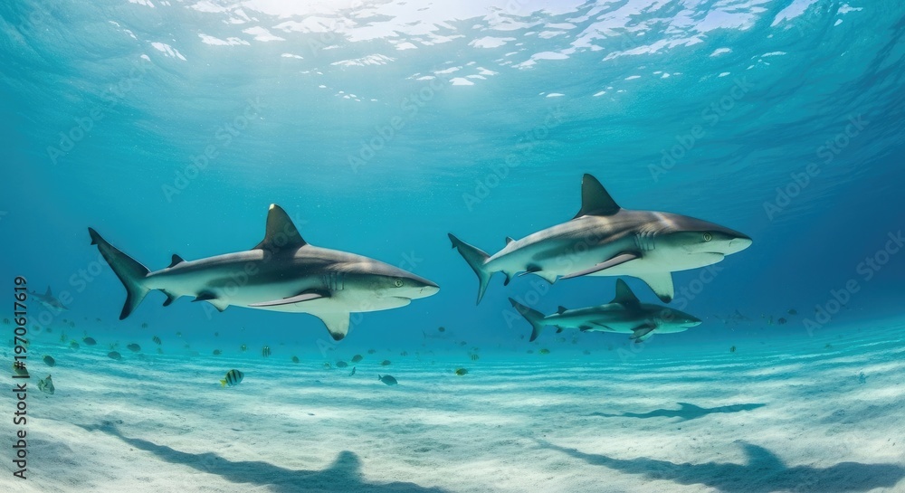 Naklejka premium Majestic reef sharks glide through crystal clear turquoise waters creating a stunning underwater scene of oceanic beauty and grace