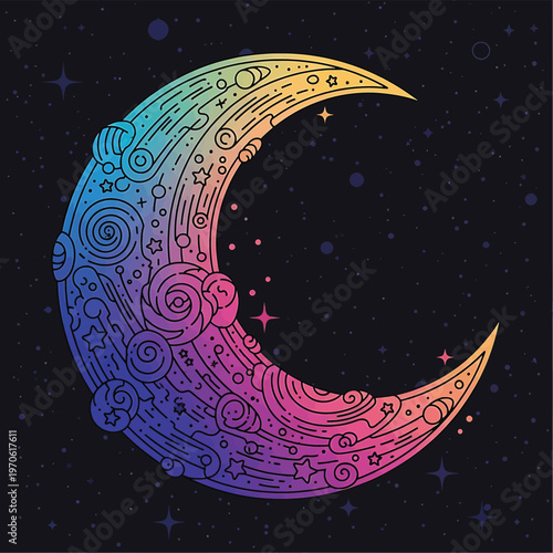 Colorful crescent moon with designs.