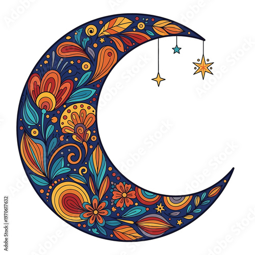 Colorful crescent moon with floral pattern 1.