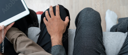 Manager or senior sexually harassed a female colleague by touch her leg. Sexual harassment in office. feel anxious and stressed from being harassed. molest, assault, inappropriate, discrimination