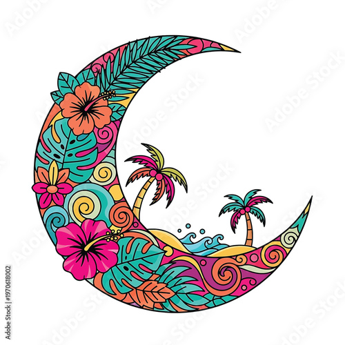 Colorful crescent moon with tropical design.