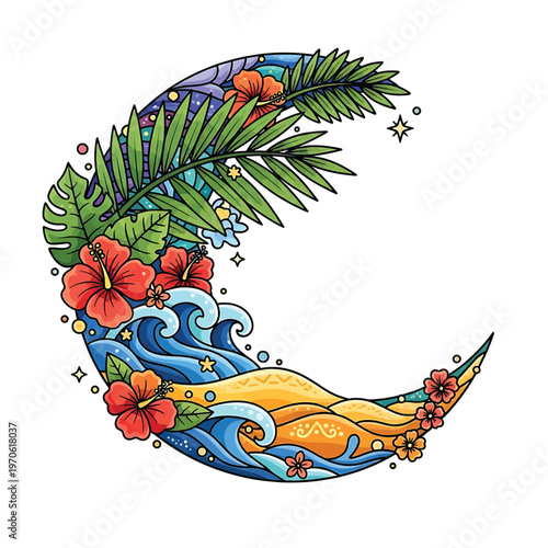 Colorful crescent moon with tropical flowers.
