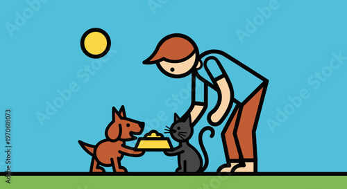 Woman Feeding Dog and Black Cat.