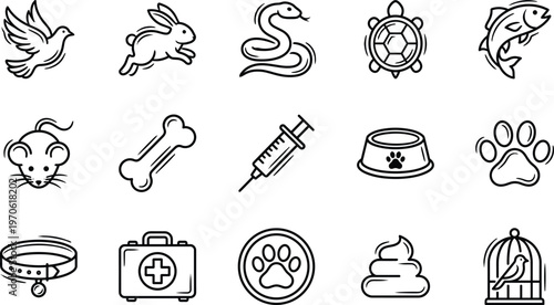 Set of pet care icons featuring bird, rabbit, snake, turtle, fish, mouse, bone, syringe, food bowl, paw print, collar, and first aid.