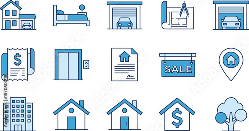 Set of real estate icons including house, garage, blueprint, elevator, sale sign, location pin, apartment building, property tax, and mortgage symbols.