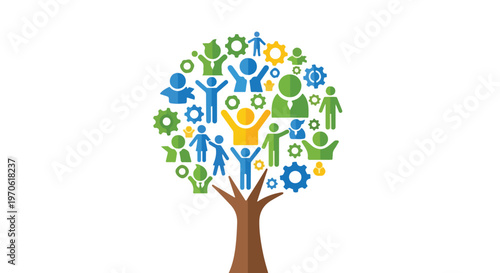 This vibrant vector depicts a tree with a brown trunk and a circular canopy made of colorful people silhouettes and mechanical gear symbols.