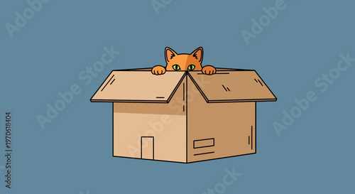 Orange cat peeking from cardboard box.
