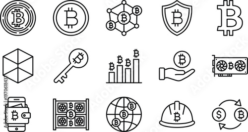 Bitcoin cryptocurrency icon set, blockchain technology, digital wallet, mining hardware, secure keys, global finance, exchange symbols, and crypto farming line art.