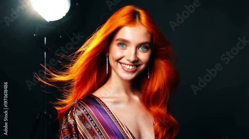 Vibrant Redhead Woman with Flowing Hair and Bright Smile in Studio Lighting