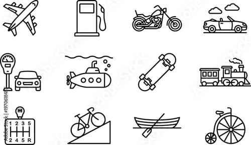 Set of transportation icons featuring airplane, car, motorcycle, train, submarine, bicycle, skateboard, boat, gas pump, and gear shift for travel design.