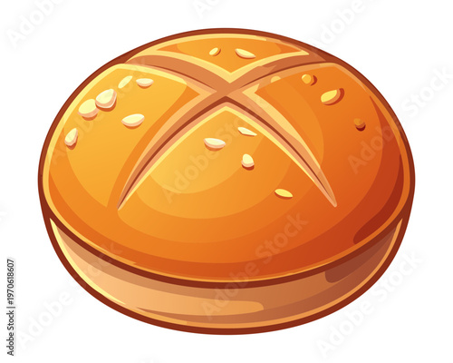 Round artisan bread roll with golden crust for sandwich preparation and bakery marketing materials - Vector Illustration