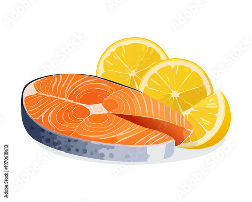 Sliced salmon fish fillet with lemon wedges for gourmet seafood dish and healthy protein meal - Vector Illustration