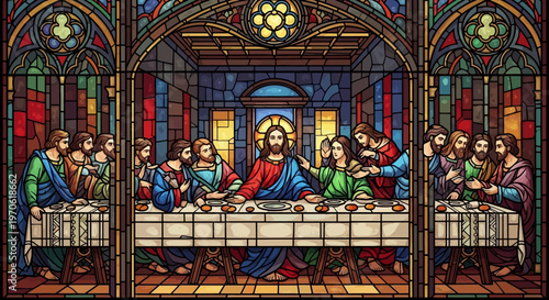 The Last Supper stained glass window Jesus and disciples