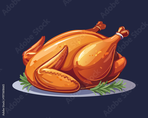 Rotisserie roasted chicken on dark plate for fine dining restaurant menu and catering service - Vector Illustration