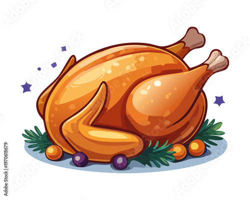 Festive whole roasted chicken for thanksgiving dinner and traditional family meal celebration concept - Vector Illustration