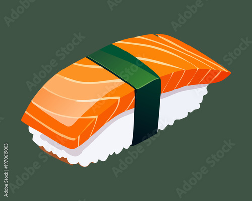 Single salmon nigiri sushi on rice for japanese cuisine and healthy seafood diet - Vector Illustration
