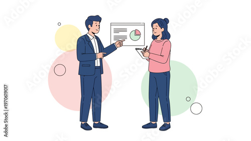 Business meeting: man presents pie chart to colleague taking notes