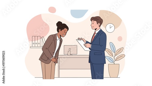 Business meeting: Manager and employee discussing work in office, professional interaction