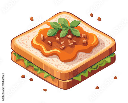 Savory toasted sandwich with meat and vegetable filling for healthy lunch menu promotion - Vector Illustration