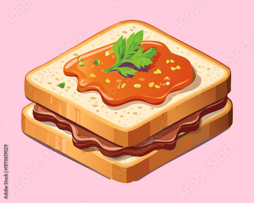 Toasted sandwich with savory filling and herbs for restaurant menu and snack advertisement - Vector Illustration