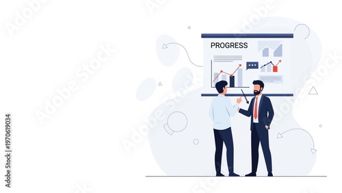 Business meeting: two men discussing progress chart on projector screen