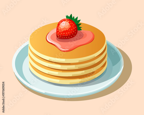 Stack of delicious pancakes topped with fresh strawberry and maple syrup for sweet morning brunch - Vector Illustration