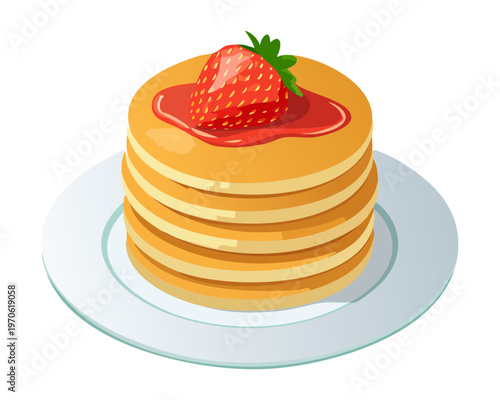 Fluffy buttermilk pancakes piled high with ripe strawberry garnish and pouring honey for cafe advertising - Vector Illustration