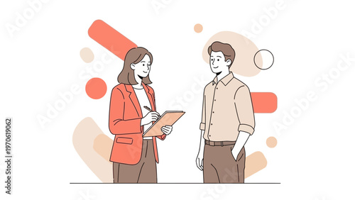 Business meeting: woman interviewer taking notes, man interviewee with hands in pockets