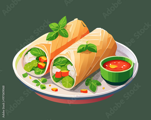 Savory spring rolls stuffed with vegetables and meat served with spicy dipping sauce for appetizer - Vector Illustration