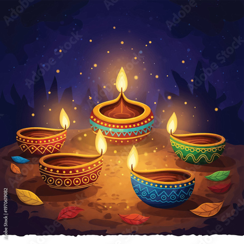 Diwali Festival Lights Colorful Diyas Burning.