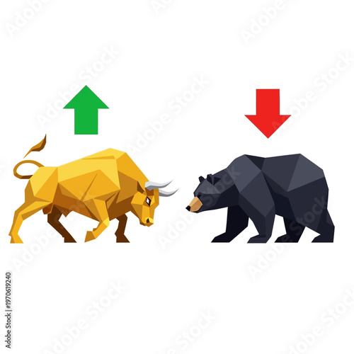 Vector illustration of the classic bull and bear market, symbolizing financial trends, investment growth, and economic decline with clear up and down arrows