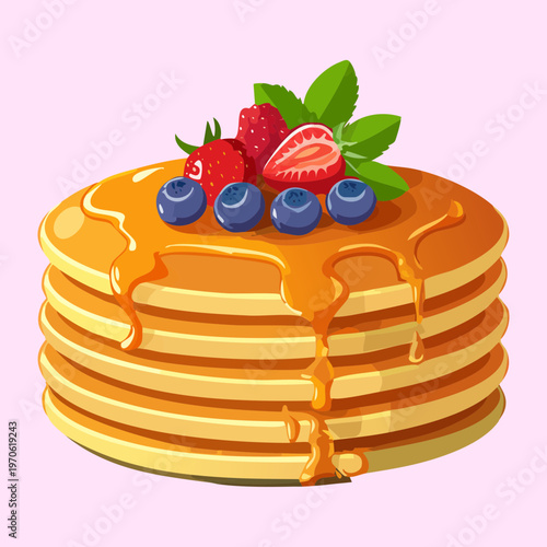 Delicious buttermilk pancakes with fresh berries and honey for sweet breakfast and brunch promotion - Vector Illustration