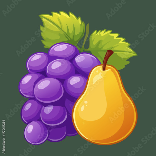 Healthy fruit combo of purple grapes and pear for organic juice and vegan diet branding - Vector Illustration