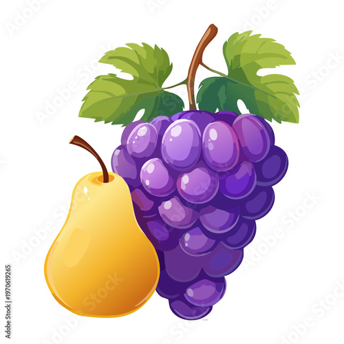 Bunch of purple grapes and sweet yellow pear for autumn harvest and fruit basket design - Vector Illustration