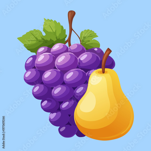 Purple grapes and ripe pear for healthy lifestyle and fruit market and grocery store promotion - Vector Illustration