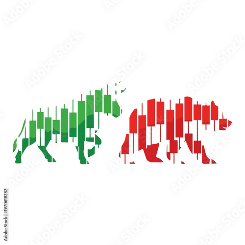 Bull and bear market trend analysis illustrated by candlestick charts in a modern vector style