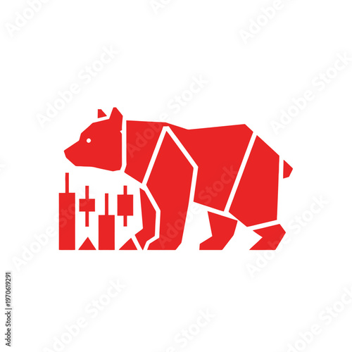 Modern vector illustration featuring a stylized red geometric bear atop financial candlestick charts, symbolizing bearish market trends and economic downturn