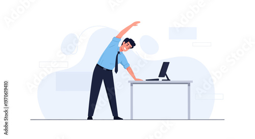Businessman stretching at office desk, healthy work lifestyle, exercise break