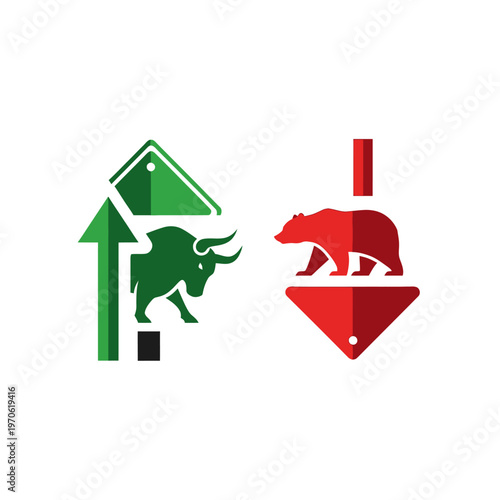 Modern vector illustration of bull and bear market symbols. Clearly visualizes financial trends, representing upward growth and downward decline in stock exchange and investment dynamics