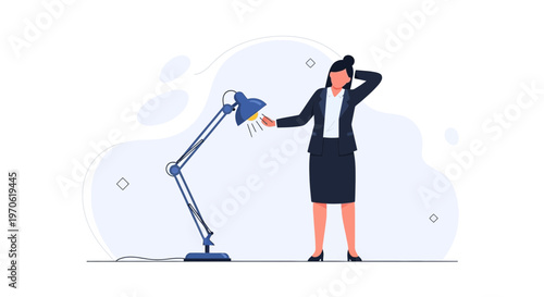 Businesswoman struggling with a desk lamp, idea concept