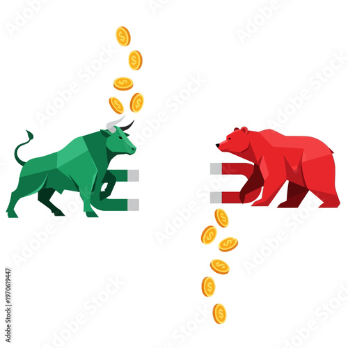 Vibrant vector art illustrating bull and bear market dynamics, depicting investment trends with symbolic animals attracting or repelling golden coins, representing financial growth and downturn