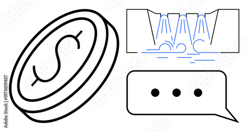 Finance, sustainability, communication, environmental conservation, economic growth, resource management. A dollar coin, water stream and speech bubble. Finance and sustainability concept