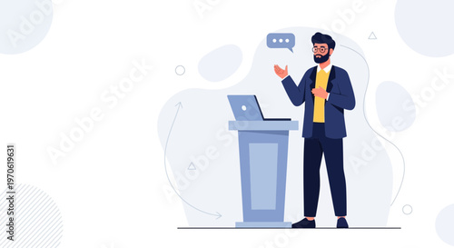 Man giving presentation at podium with laptop and speech bubble