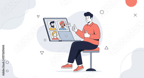 Man giving thumbs up during video call with colleagues on laptop