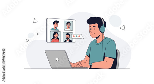 Man in Headphones on Video Call with Colleagues, Remote Work Concept