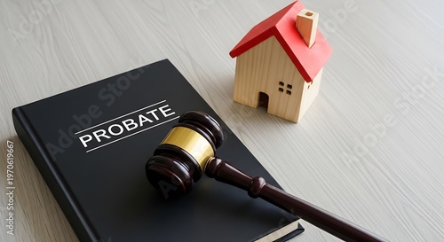 Probate book and gavel with a small wooden house on a table for legal proceedings